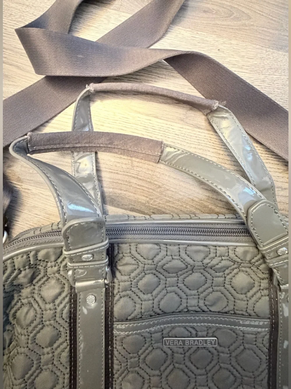 Vera Bradley Gray Quilted Patent-Trim Tote